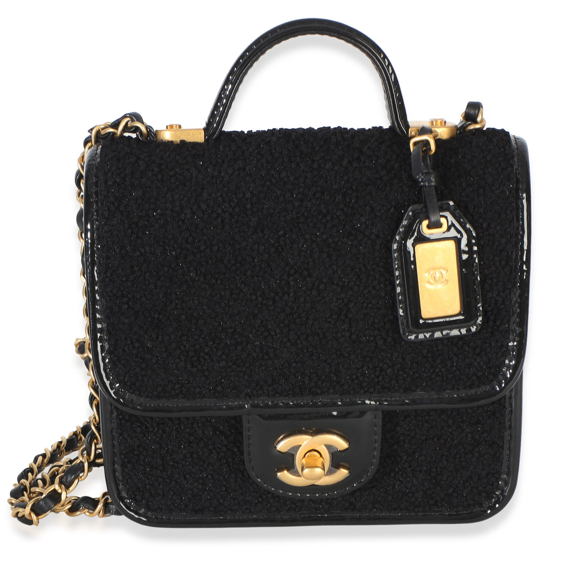 Chanel Black Tweed Patent School Memory Mini Top Handle Flap Bag Handbag fv