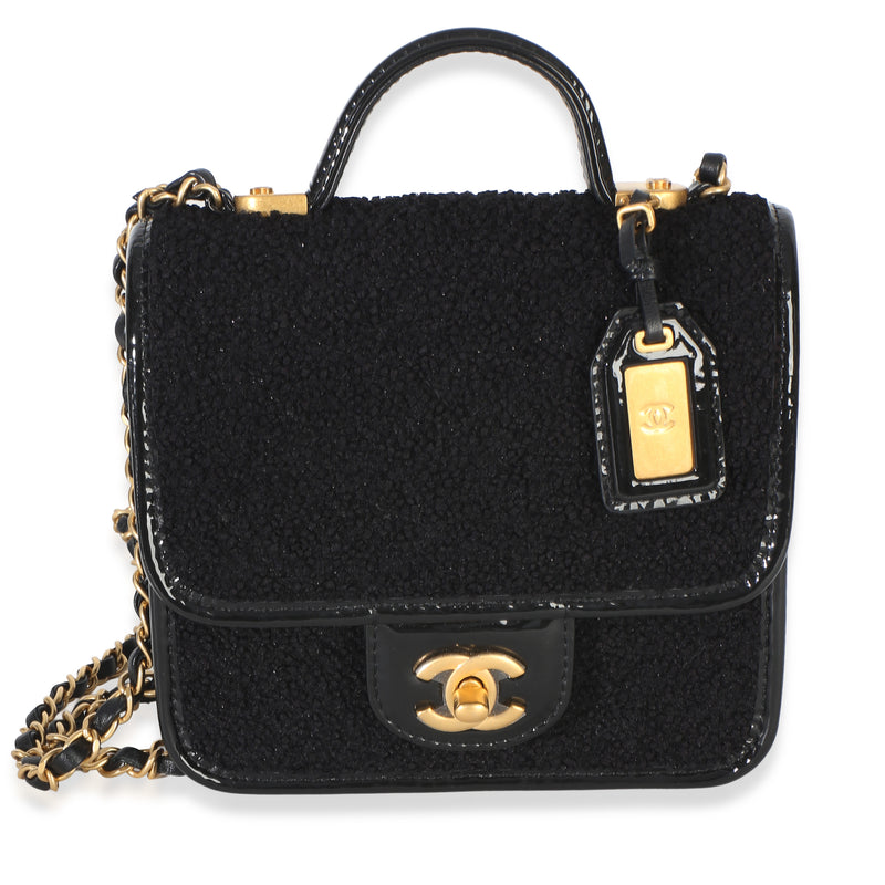 Chanel Black Tweed Patent School Memory Mini Top Handle Flap Bag Handbag fv
