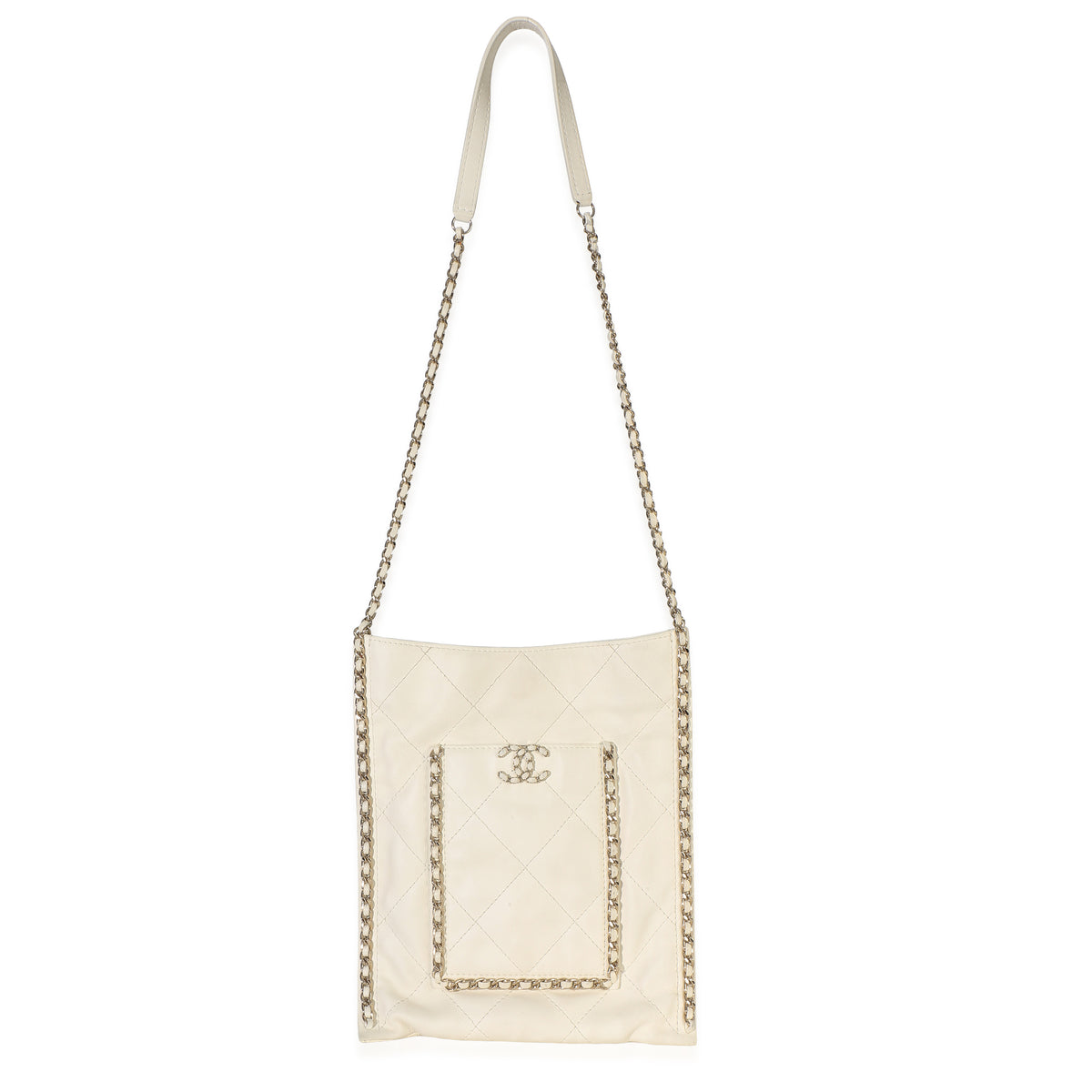 Chanel White Quilted Calfskin Small Chain Flat Tote Handbag fv