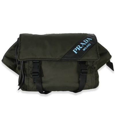 Prada Green Tessuto Logo Stripe Buckle Messenger Bag Handbag fv