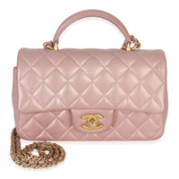 Chanel Pink Iridescent Quilted Lambskin Mini Top Handle Rectangular Flap Bag Handbag id