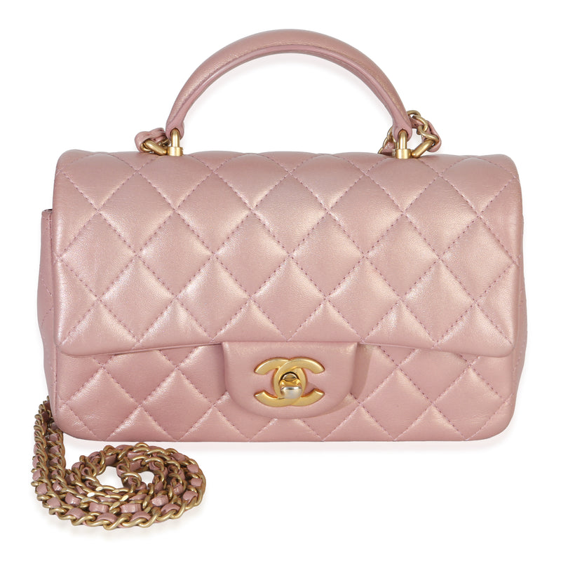 Chanel Pink Iridescent Quilted Lambskin Mini Top Handle Rectangular Flap Bag Handbag id