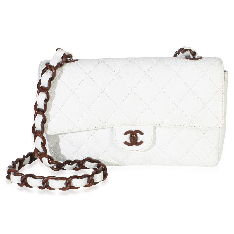Chanel Vintage White Quilted Caviar Bekko Medium Single Classic Flap Bag Handbag id