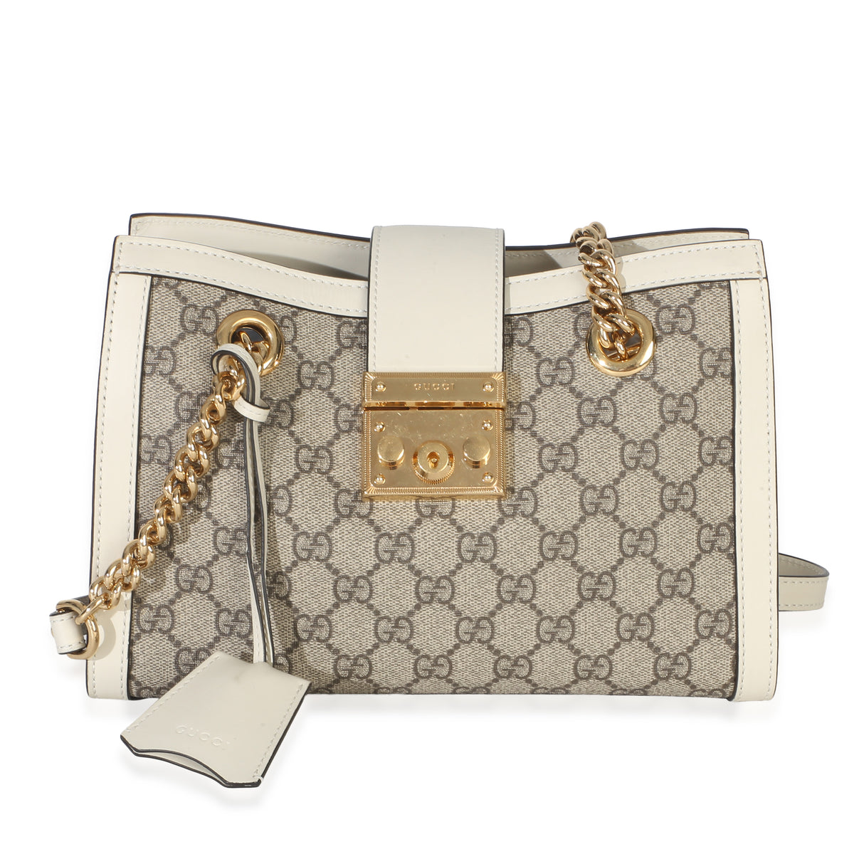 Gucci White GG Supreme Canvas Small Padlock Tote Handbag fv