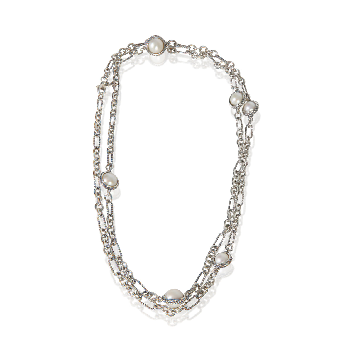 David Yurman Sterling Silver Pearl Figaro Link With Pearl Stations Necklace bv
