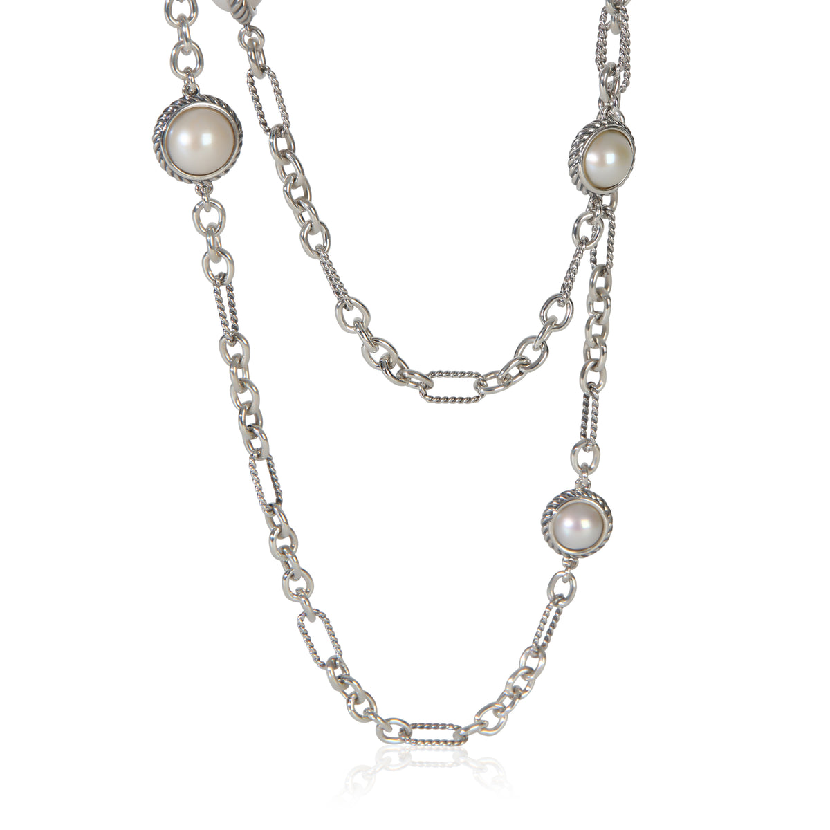 David Yurman Sterling Silver Pearl Figaro Link With Pearl Stations Necklace fv