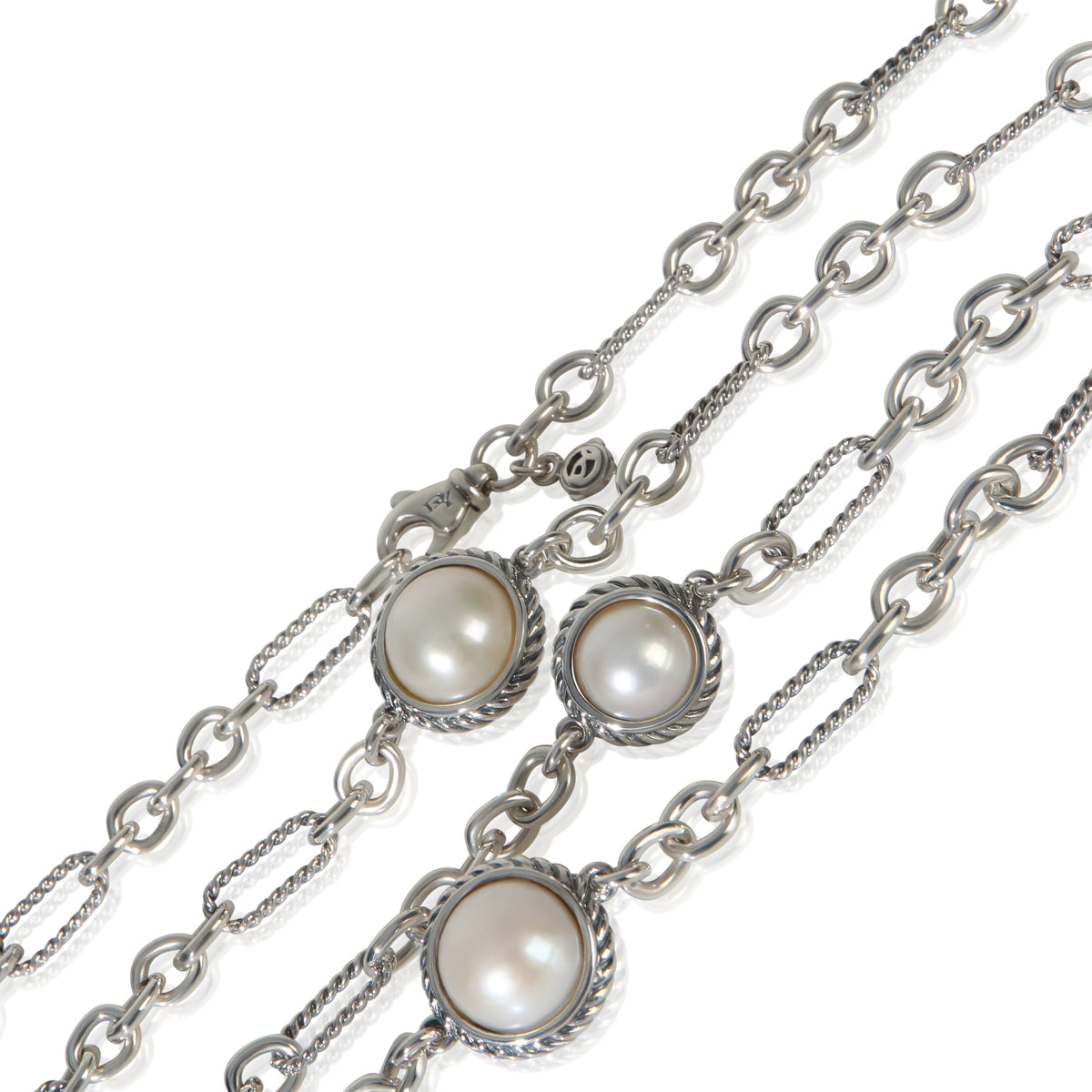 David Yurman Sterling Silver Pearl Figaro Link With Pearl Stations Necklace pv
