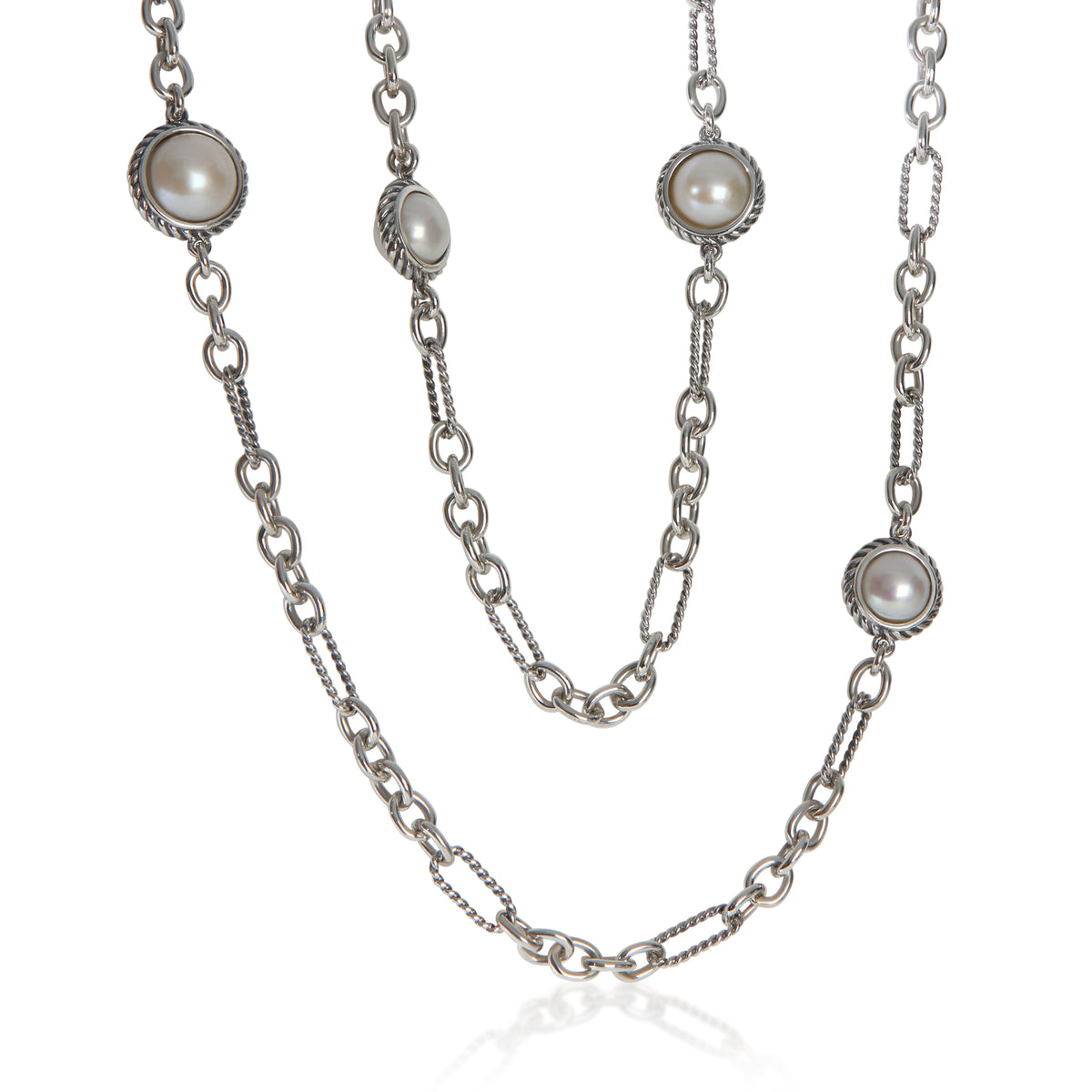 David Yurman Sterling Silver Pearl Figaro Link With Pearl Stations Necklace sv