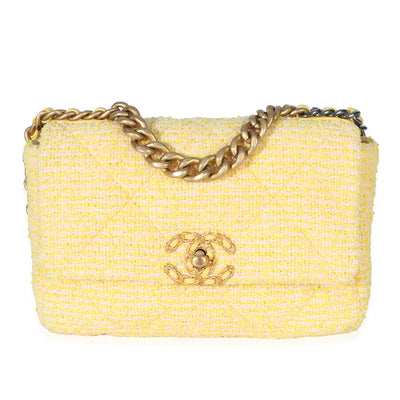 Chanel Yellow Ecru Tweed Quilted Medium  19 Flap Bag Handbag id