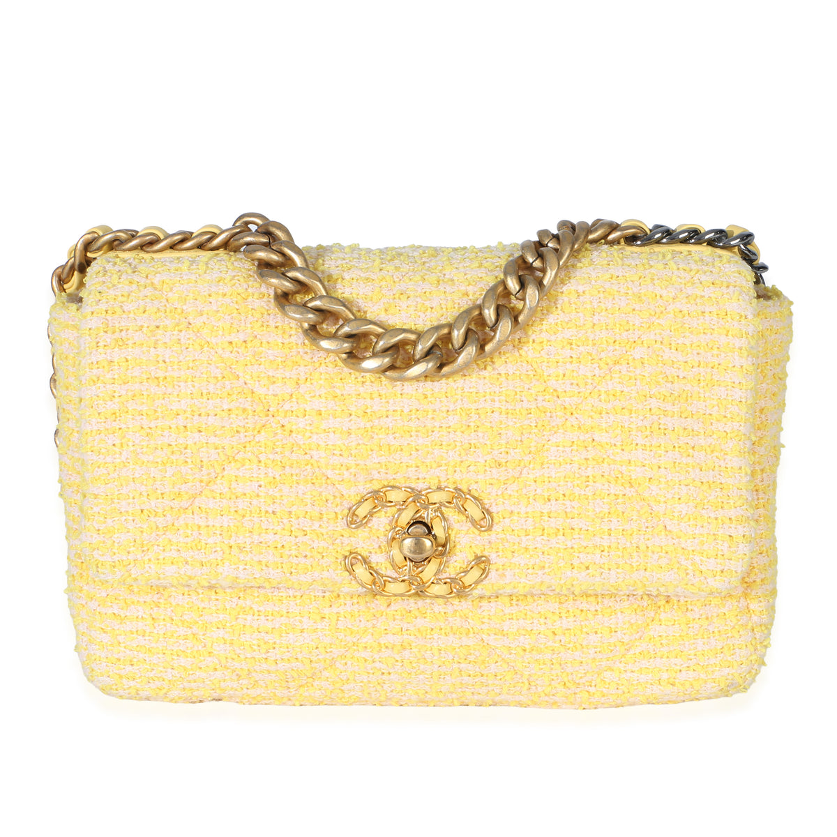 Chanel Yellow Ecru Tweed Quilted Medium  19 Flap Bag Handbag id