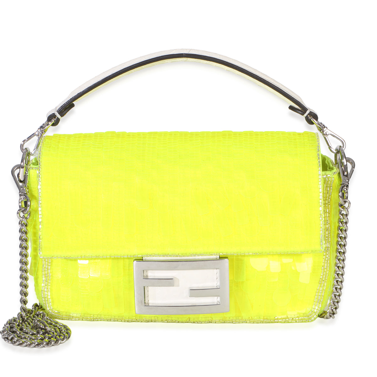 Fendi Neon Yellow Satin Sequin Paillettes Elaphe Sequin Mini Baguette Bag Handbag id