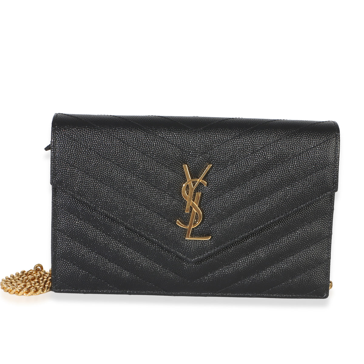 Saint Laurent Black Grain De Poudre Cassandre Envelope Chain Wallet Handbag id