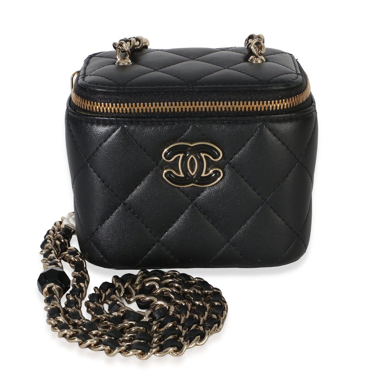 Chanel Black Quilted Lambskin Mini Vanity With Camellia Chain Handbag id