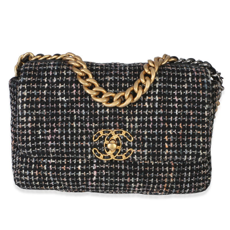 Chanel Black Multicolor Tweed Quilted Small  19 Flap Bag Handbag id