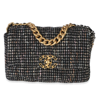 Chanel Black Multicolor Tweed Quilted Medium  19 Flap Bag Handbag fv