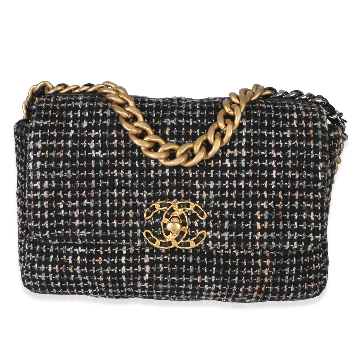 Chanel Black Multicolor Tweed Quilted Medium  19 Flap Bag Handbag fv