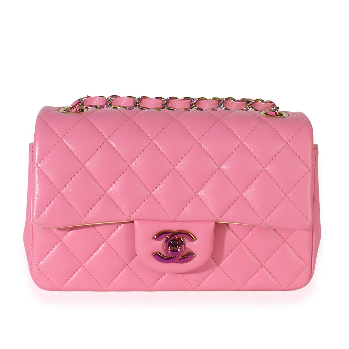 Chanel Pink Quilted Lambskin Rainbow Mini Rectangular Flap Bag Handbag fv