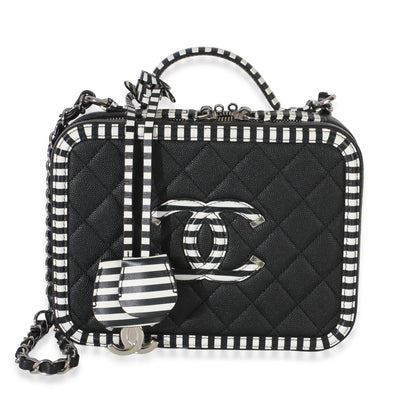 Chanel Black Quilted Caviar Striped Medium CC Filigree Vanity Case Handbag id