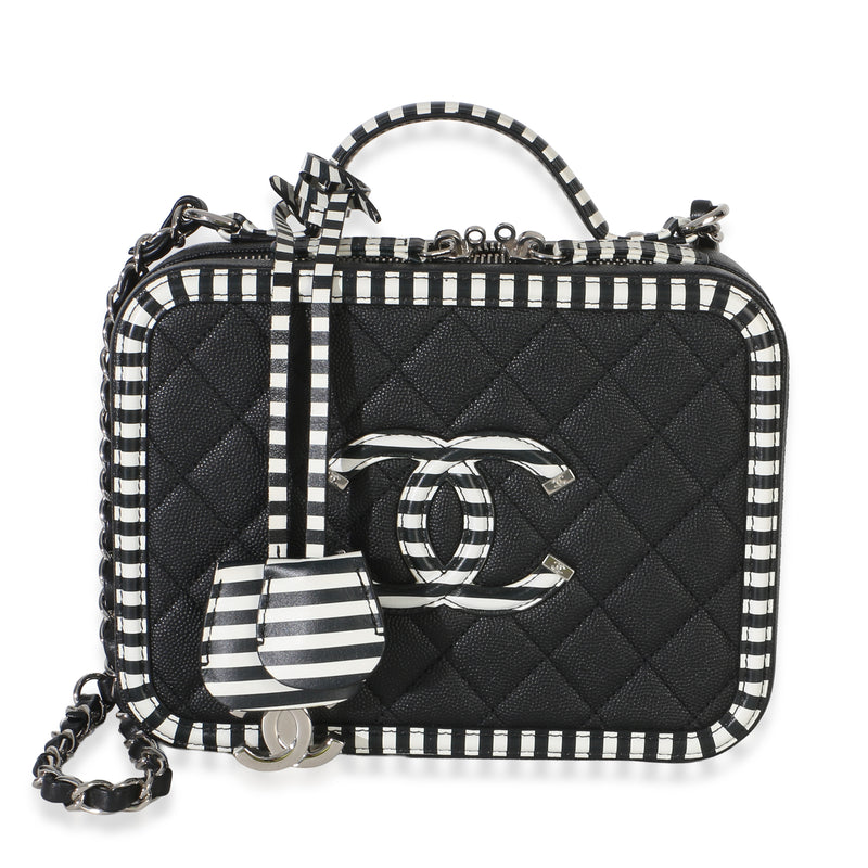 Chanel Black Quilted Caviar Striped Medium CC Filigree Vanity Case Handbag id