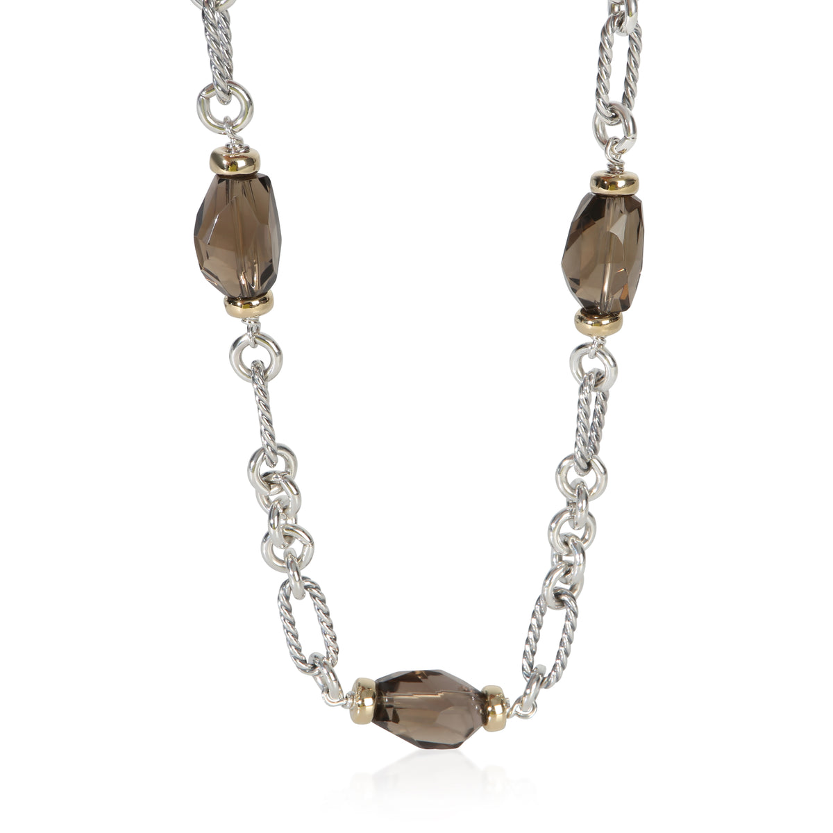 David Yurman Yellow Gold & Sterling Silver Smokey Quartz Figaro Station Necklace fv