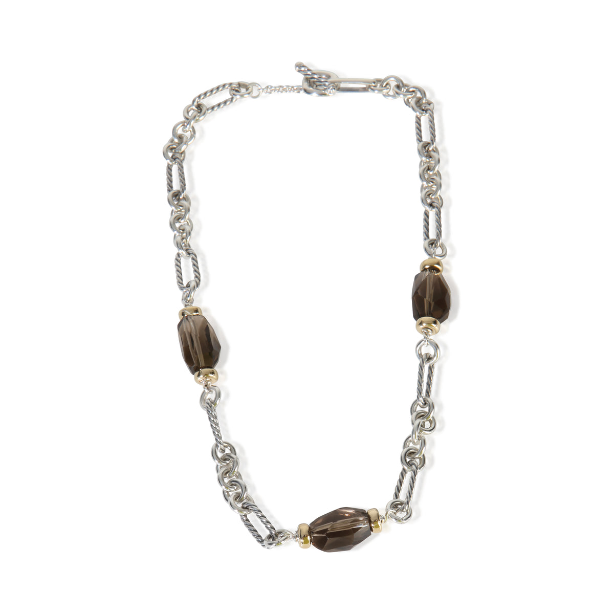 David Yurman Yellow Gold & Sterling Silver Smokey Quartz Figaro Station Necklace pv