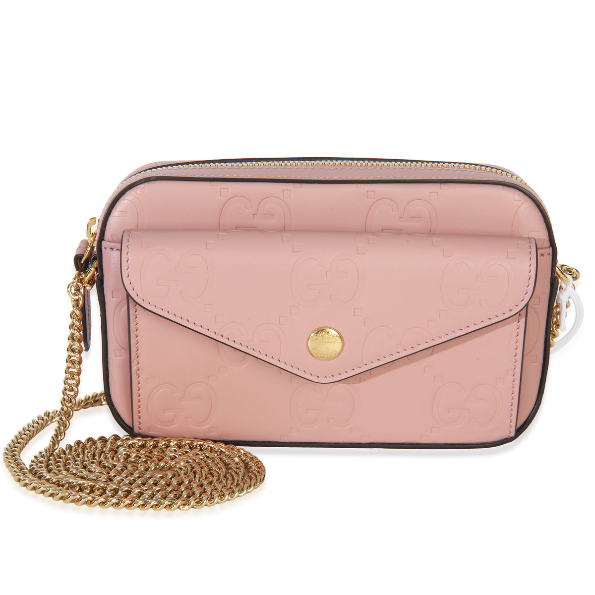 Gucci Light Pink Calfskin Debossed GG Super Mini Chain Wallet Handbag fv