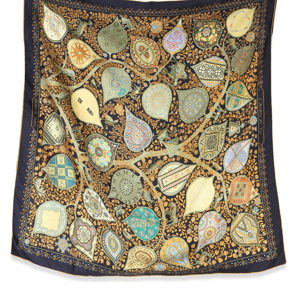 Hermès Black Kaki Multicolor L’arbre de Vie Silk Scarf 90 id