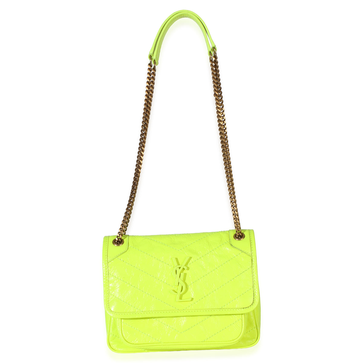 Saint Laurent Yellow Crinkled Calfskin Matelasse Baby Niki Chain Satchel Handbag 8