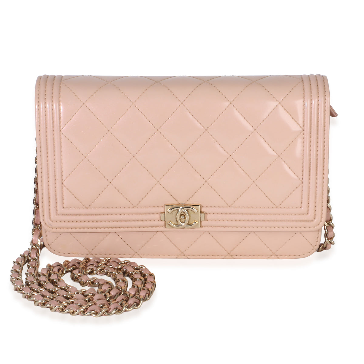 Chanel Pink Quilted Patent Boy Wallet On Chain Handbag id
