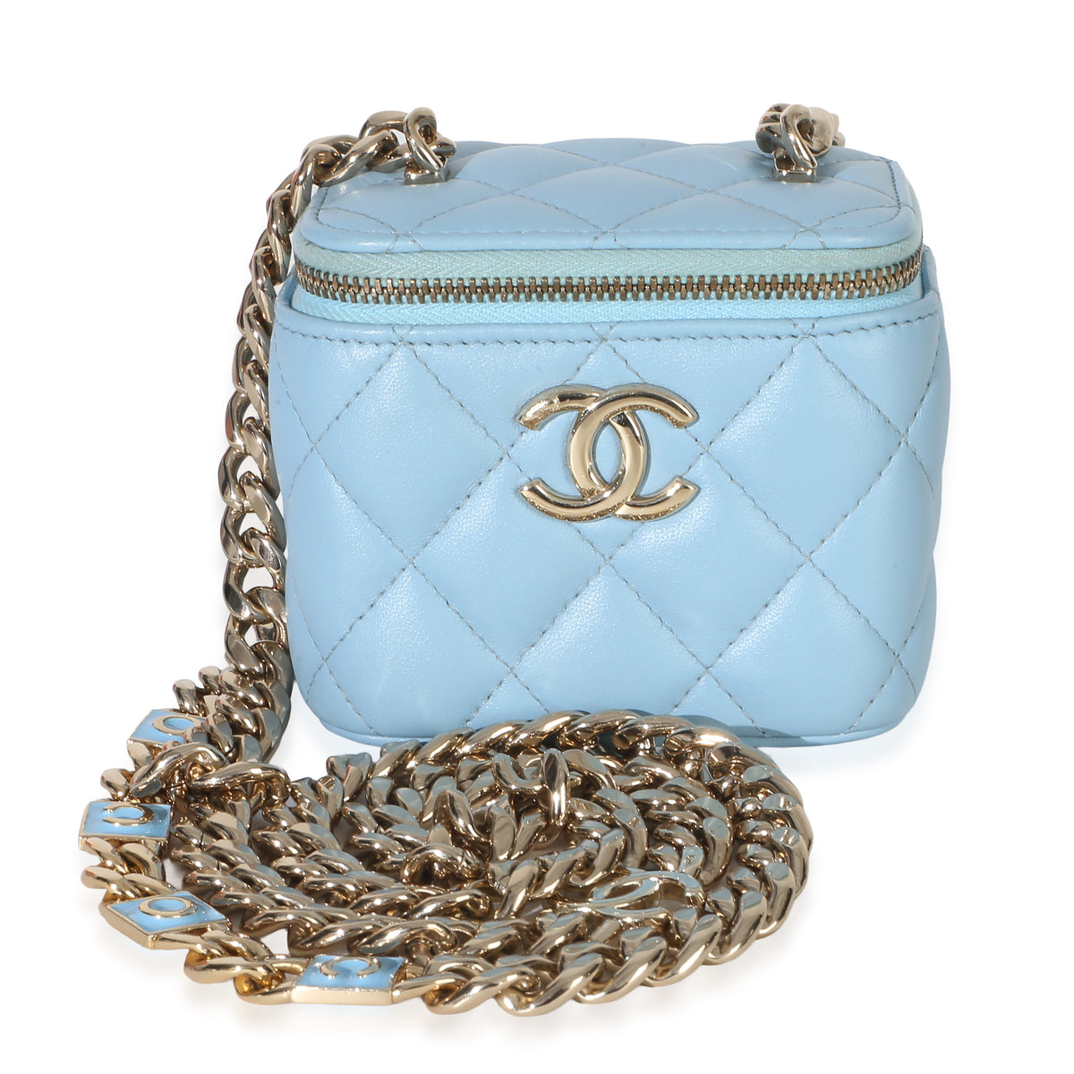 Chanel Blue Quilted Lambskin Coco Chain Mini Vanity Case Handbag fv