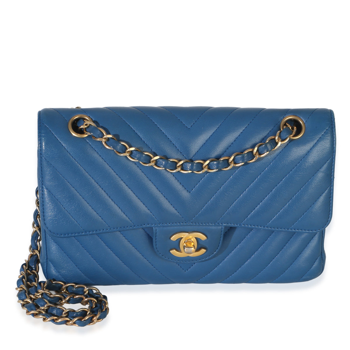Chanel Blue Chevron Lambskin Small Classic Double Flap Bag Handbag fv
