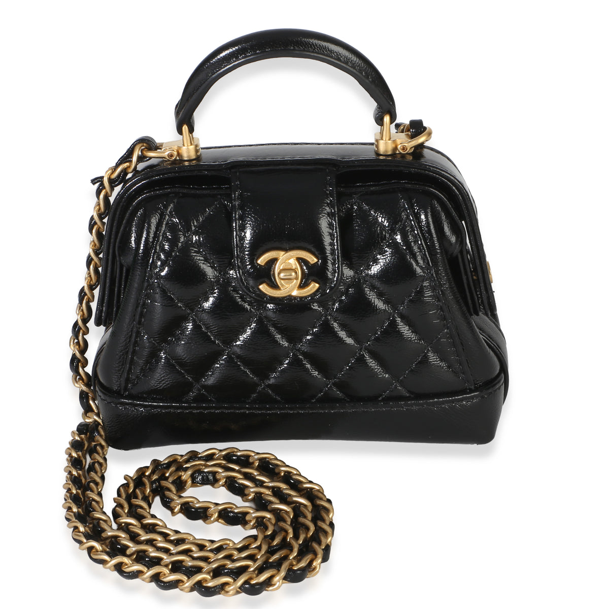 Chanel Black Quilted Shiny Lambskin Nano Cocodoc Clutch With Chain Handbag fv