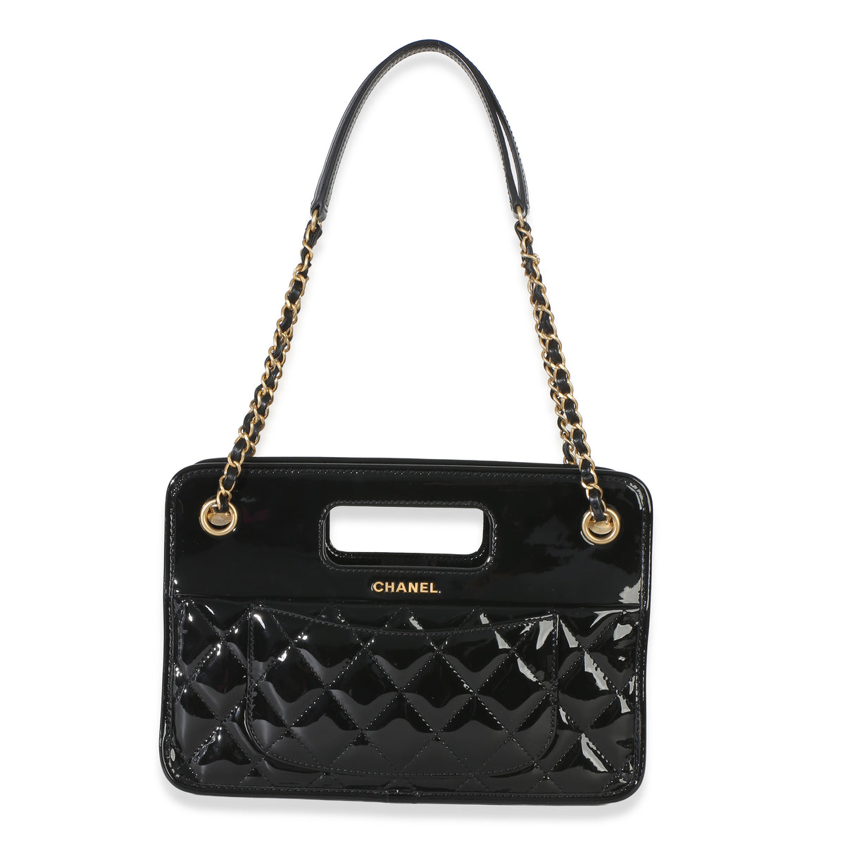 Chanel Black Quilted Patent Graphic Catch Small Shopping Bag Handbag id