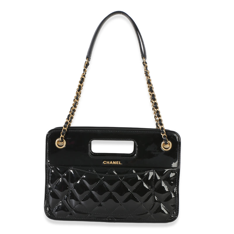 Chanel Black Quilted Patent Graphic Catch Small Shopping Bag Handbag id
