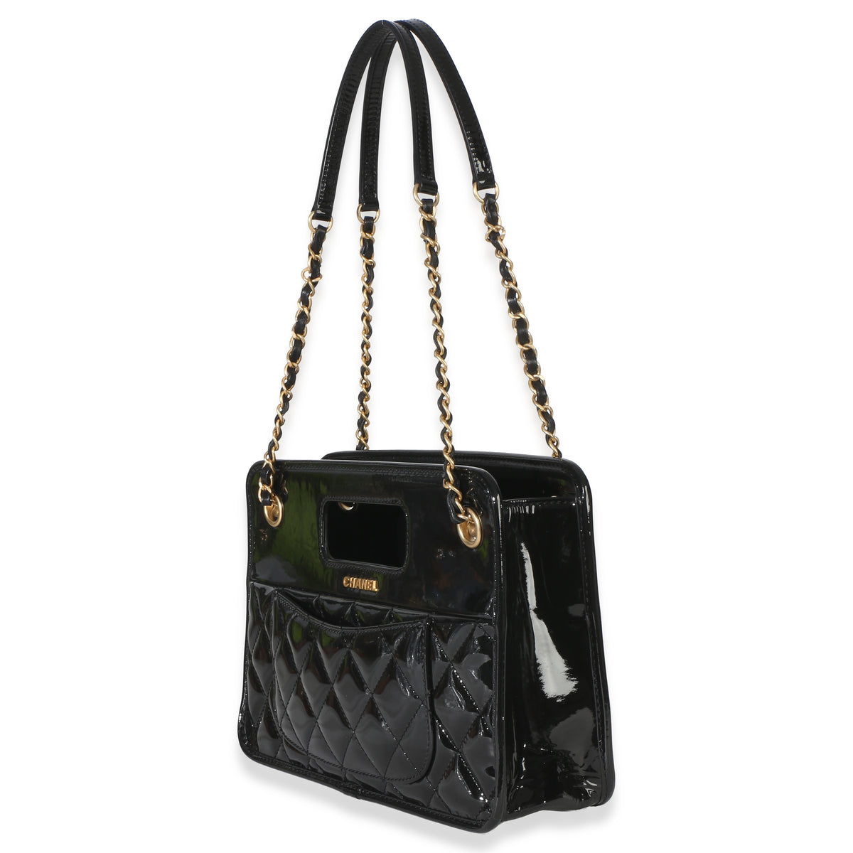 Chanel Black Quilted Patent Graphic Catch Small Shopping Bag Handbag 2