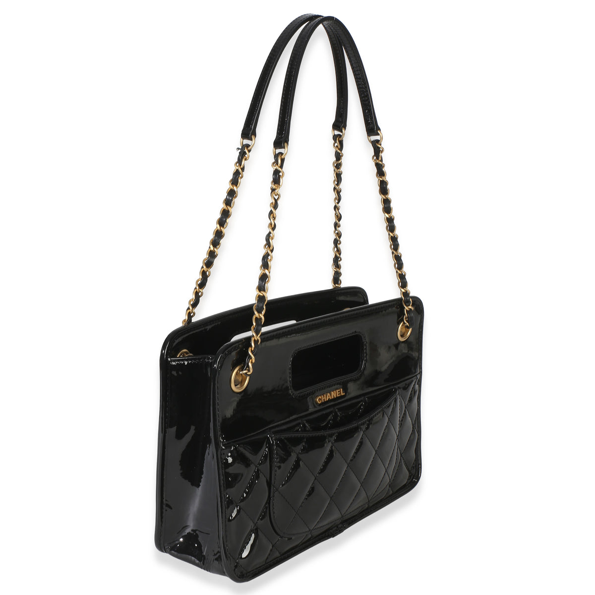 Chanel Black Quilted Patent Graphic Catch Small Shopping Bag Handbag 3