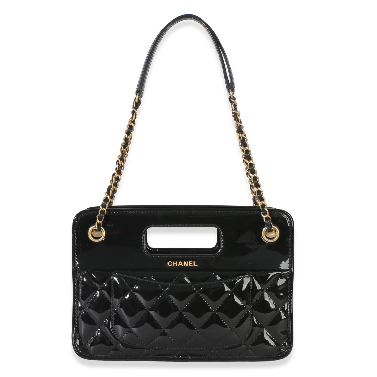 Chanel Black Quilted Patent Graphic Catch Small Shopping Bag Handbag fv