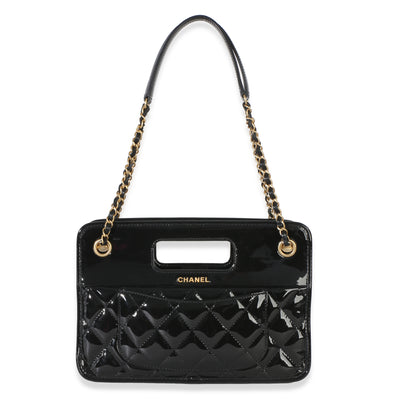 Chanel Black Quilted Patent Graphic Catch Small Shopping Bag Handbag fv