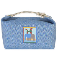 Hermès Bleu Gitane Herringbone Wool Animaux Blocks Large Bride A Brac Pouch Handbag id