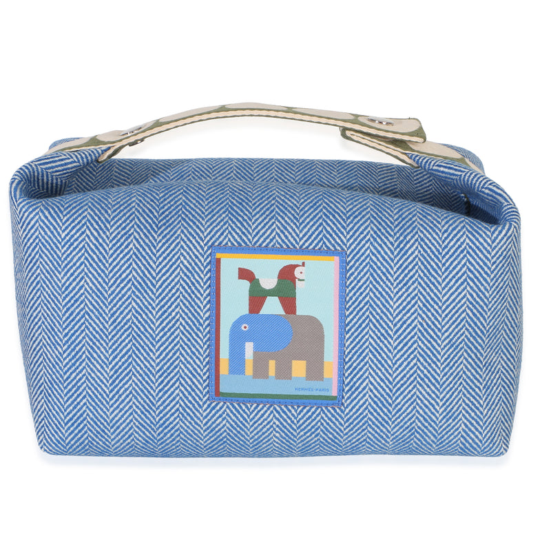 Hermès Bleu Gitane Herringbone Wool Animaux Blocks Large Bride A Brac Pouch Handbag id