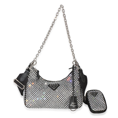 Prada Black Satin Crystal 2005 Re Edition Hobo Handbag id