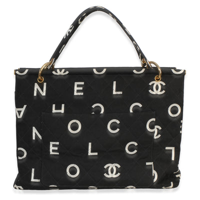 Chanel Vintage Black White Quilted Canvas Logo Tote Handbag fv