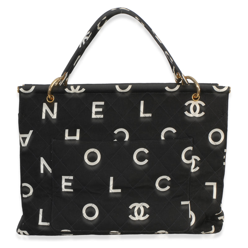 Chanel Vintage Black White Quilted Canvas Logo Tote Handbag fv