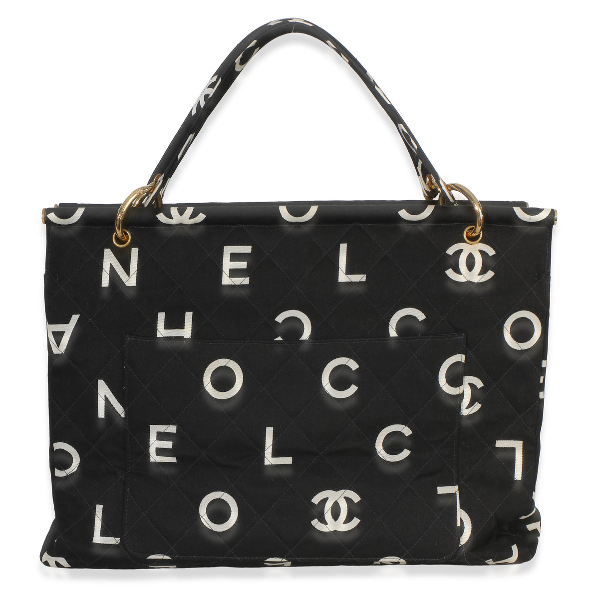 Chanel Vintage Black White Quilted Canvas Logo Tote Handbag fv