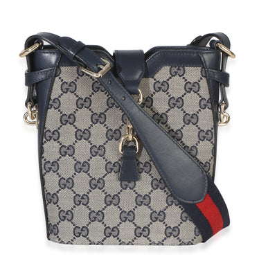 Gucci Navy Beige GG Supreme Monogram Canvas Mini Bucket Bag Handbag id