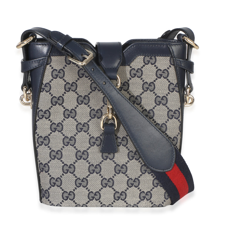 Gucci Navy Beige GG Supreme Monogram Canvas Mini Bucket Bag Handbag id