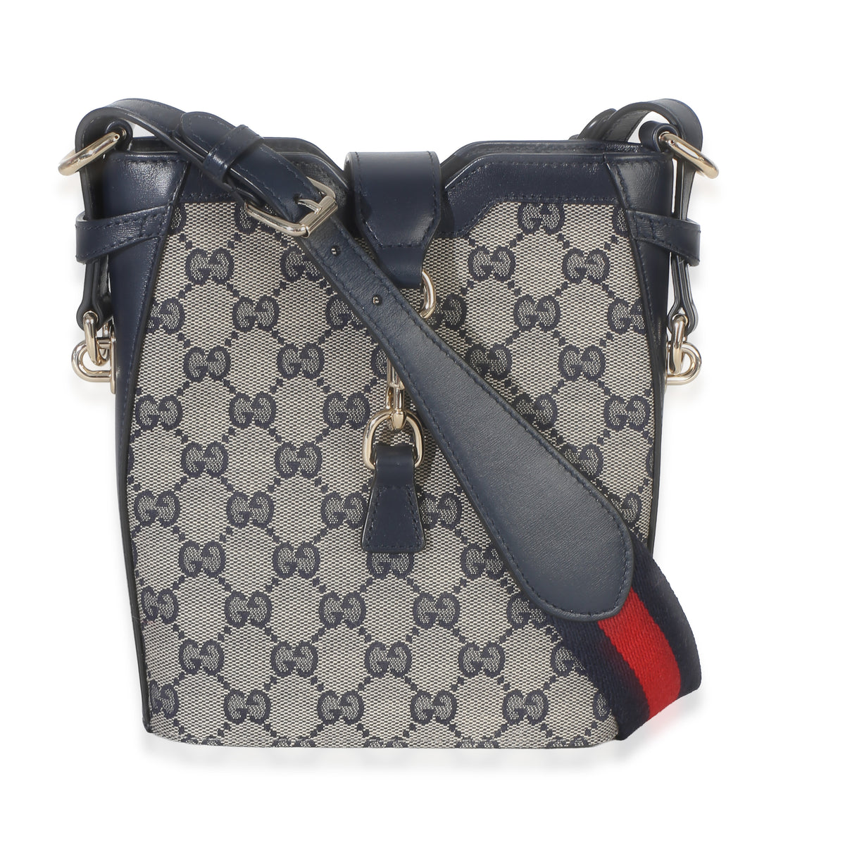 Gucci Navy Beige GG Monogram Canvas Mini Bucket Bag Handbag fv