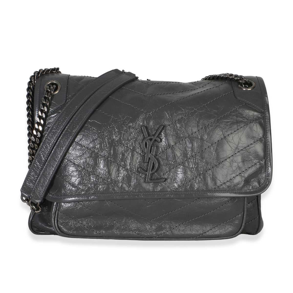 Saint Laurent Grey Crinkled Calfskin Matelasse Large Niki Chain Satchel Handbag id