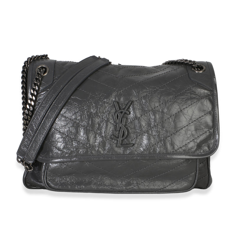 Saint Laurent Grey Crinkled Calfskin Matelasse Large Niki Chain Satchel Handbag id