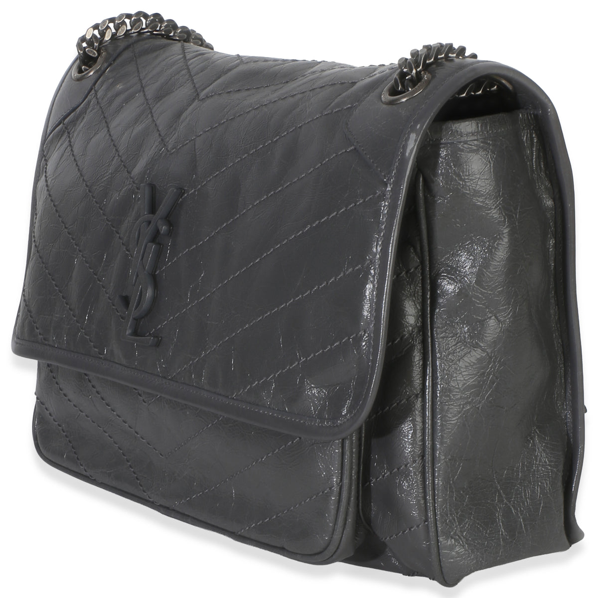 Saint Laurent Grey Crinkled Calfskin Matelasse Large Niki Chain Satchel Handbag 2